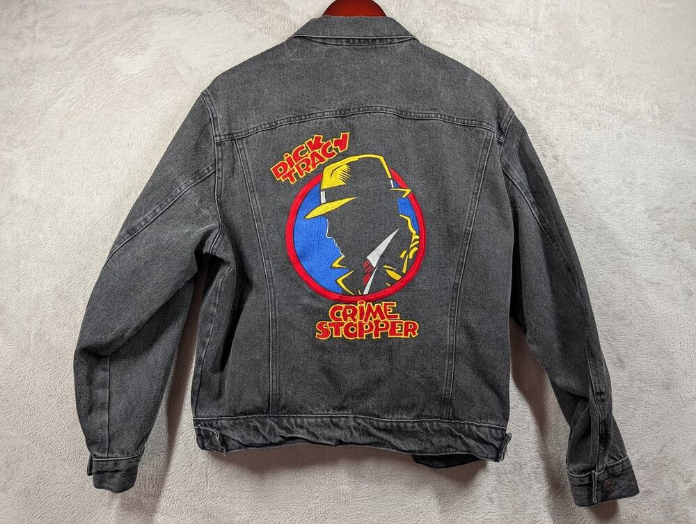 Rare VTG 90s Disney Dick Tracy Movie Black Denim Jacket Embroidered Adult Small*